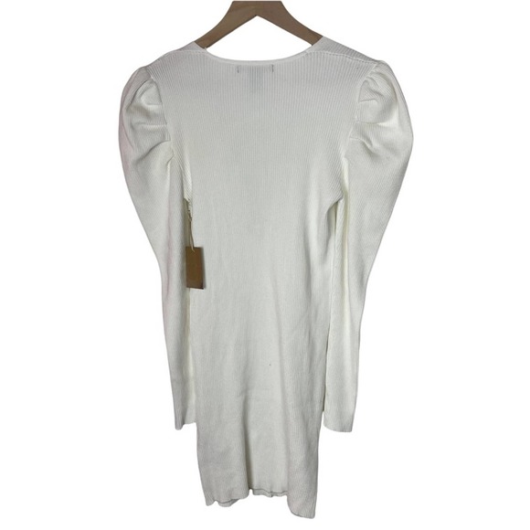 Forever21 White Ribbed V-Neck Lace Up Puff Shoulders Bodycon Mini Dress Sz M NEW - Picture 6 of 7